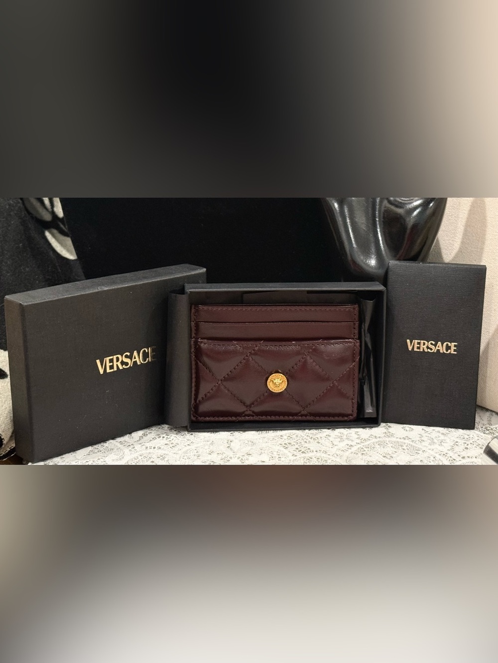 Versace Deep Wine Quilted Card Case with Gold Medusa Button Full inclusion!